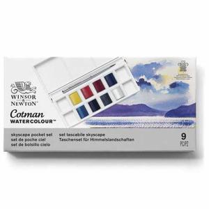 Winsor & Newton Cotman Watercolor Pocket Set- Skyscape Travel Brush & 8 Half Pans