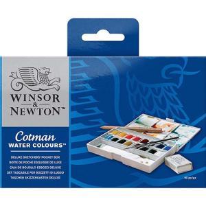 Winsor & Newton Cotman Watercolor Deluxe Sketchers Pocket Set w/ Brush & 16 Half Pans (20pc)