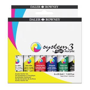 Daler Rowney System3 Fluid Acrylic Starter Set - 6x 29.5ml Bottles 139029100